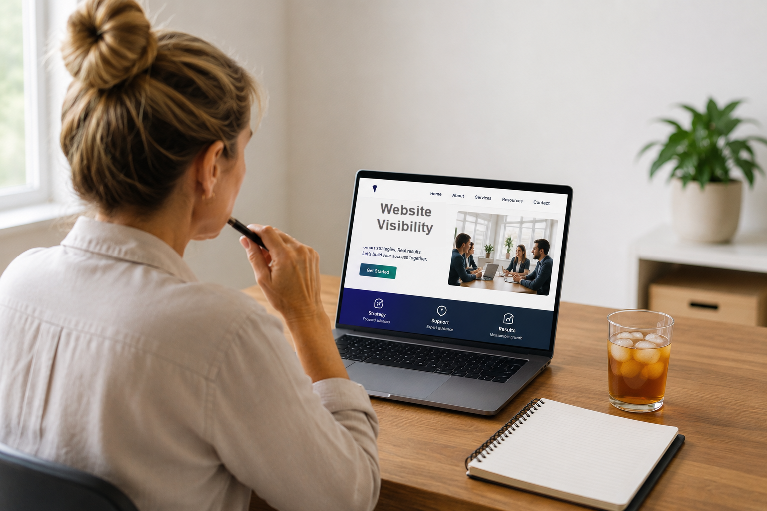 Small business owner thoughtfully reviewing a business website to evaluate website visibility before making changes.