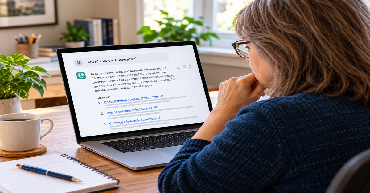 A woman sitting at a desk reading an AI response on her laptop about whether AI answers are trustworthy.